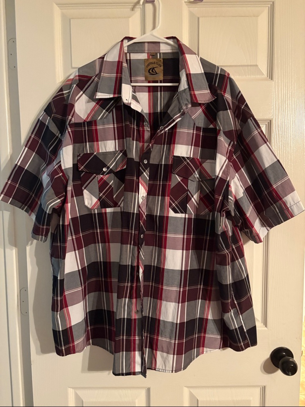Mens 4XL Short-Sleeve, Plaid, Pearl Snap Button-Up Shirt - Burgundy/Black/White